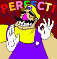 a cartoon of wario giving an ok sign with the words perfect behind him