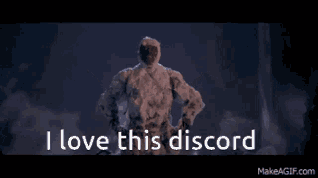 a statue with its arms outstretched and the words i love this discord below it
