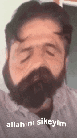 a man with a beard has his eyes closed and the words allahini sikeyim written on the bottom