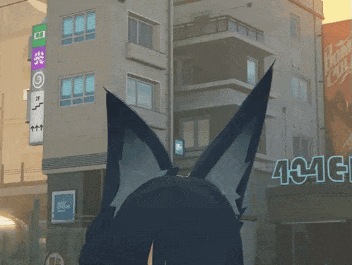 a cartoon character is standing in front of a building that says 1441 on it