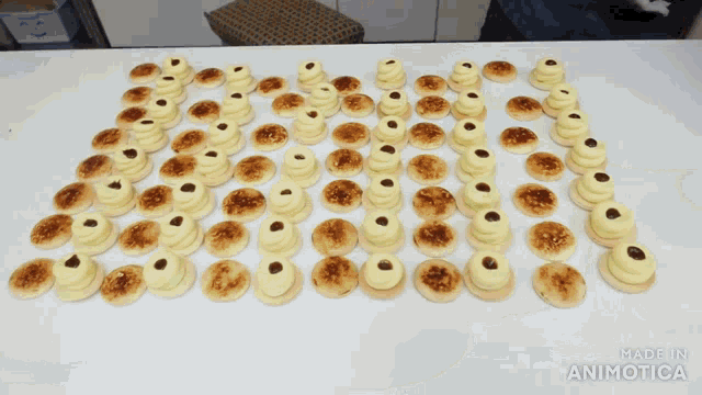 a bunch of cookies are on a table and the words made in animatica are on the bottom