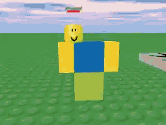 a roblox character with two faces is standing in a field of grass .