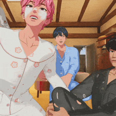 a cartoon drawing of a girl with pink hair and two men