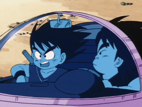 two cartoon characters are sitting in a car and one has a sword in his hand