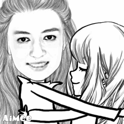 a black and white drawing of a woman hugging another woman with aimee written on the bottom right