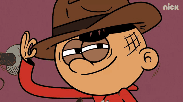 a cartoon character is wearing a cowboy hat and sunglasses with the nick logo in the background