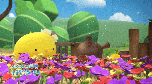 a cartoon chicken is standing in a field of purple flowers