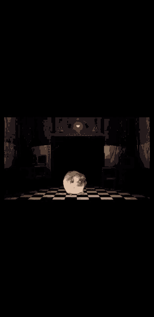 a pug dog is standing in a dark room with a checkered floor
