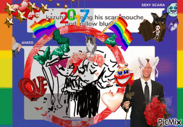 a picture of a man in a suit holding a bouquet of roses with a rainbow behind him