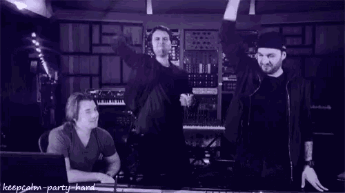 a black and white photo of three men with the words keepcalm-party-hard below them