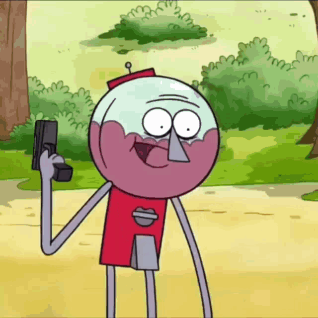 a cartoon character is holding a gun and smiling
