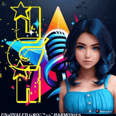 a woman with blue hair is standing in front of a microphone with the words " unrivaled group of harmonies " on the bottom