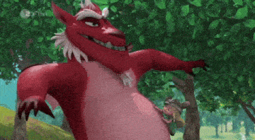 a cartoon character is standing next to a large red dragon with 2dfivi written on the bottom right corner