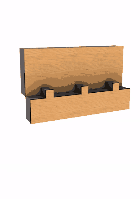a wooden shelf with three hooks on the side