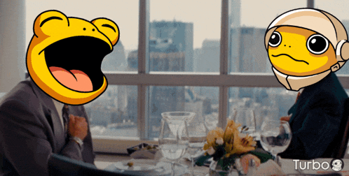 two yellow cartoon characters are sitting at a table with turbo written on the bottom