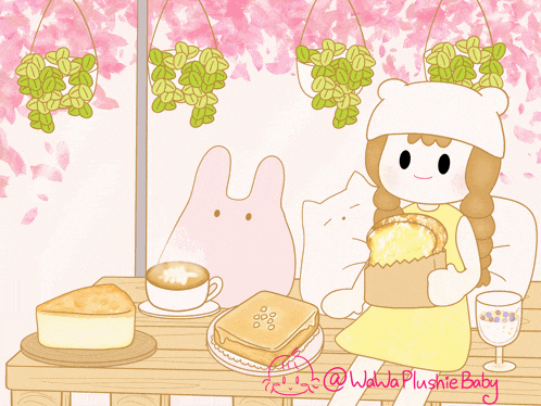 a drawing of a girl sitting at a table with a bunch of cakes and a cat