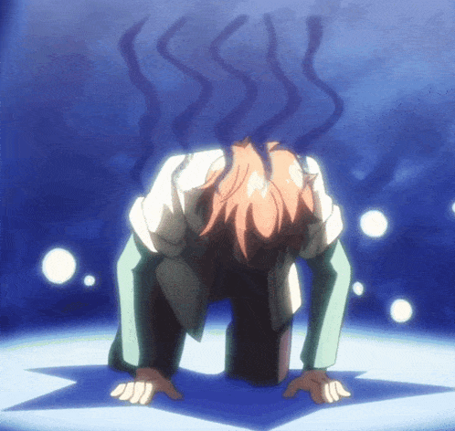 a person with smoke coming out of their head is kneeling down