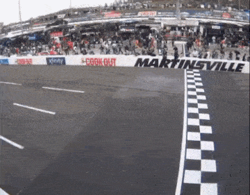 a race track with a checkered finish line and a martinsville sign in the background