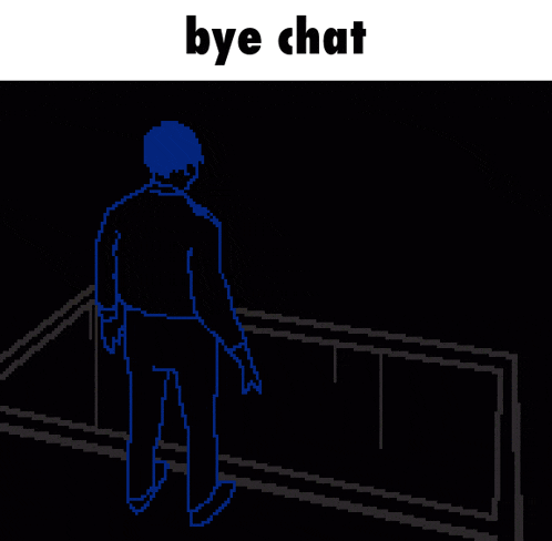 a pixel art of a person walking down stairs with the words bye chat below it