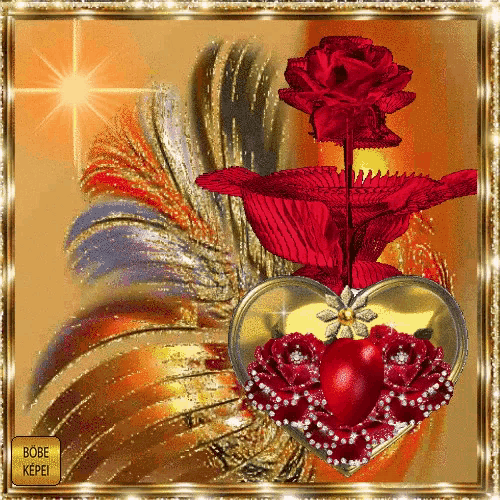 a picture of a heart surrounded by red roses and a red rose in a gold frame