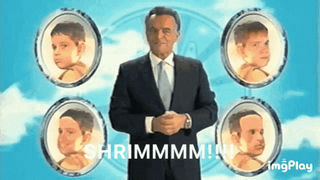 a man in a suit and tie is surrounded by four children and the words shrimmmm !