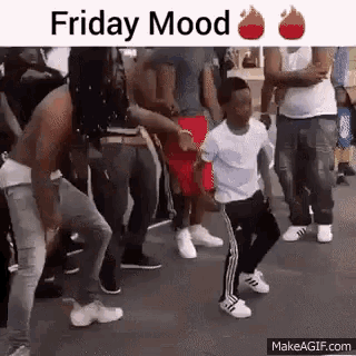 a group of people are dancing on the street in a friday mood meme .