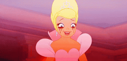 a cartoon princess with blood coming out of her eyes is wearing a pink dress and tiara .