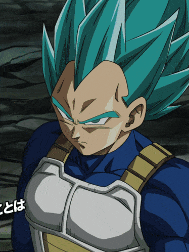 a close up of a dragon ball z character with blue hair and a white chest protector