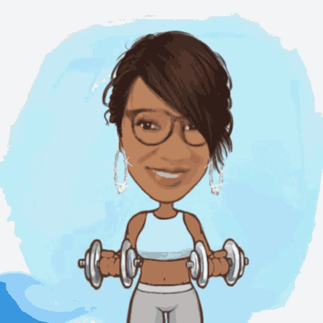 a cartoon of a woman lifting dumbbells in front of a blue background