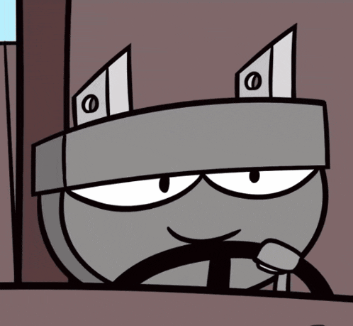 a cartoon character is driving a car and has a sticker on his head that says ' o '