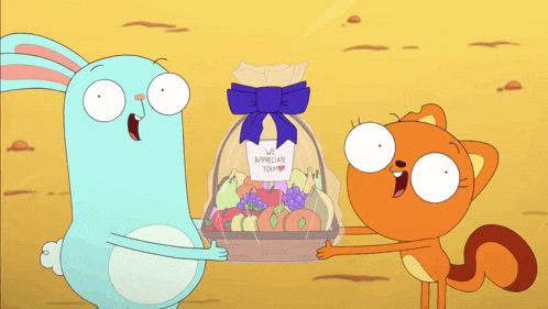 a cartoon rabbit and a squirrel holding a basket of fruit with a note that says we appreciate you