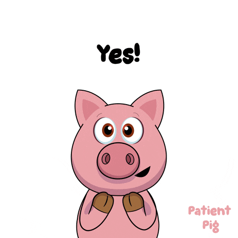 a cartoon pig says yes and patient pig is below it