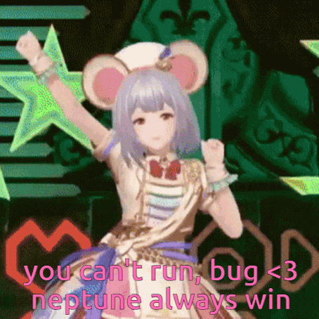 a girl in a mouse costume is dancing with the words you can 't run bug < 3 neptune always win above her .