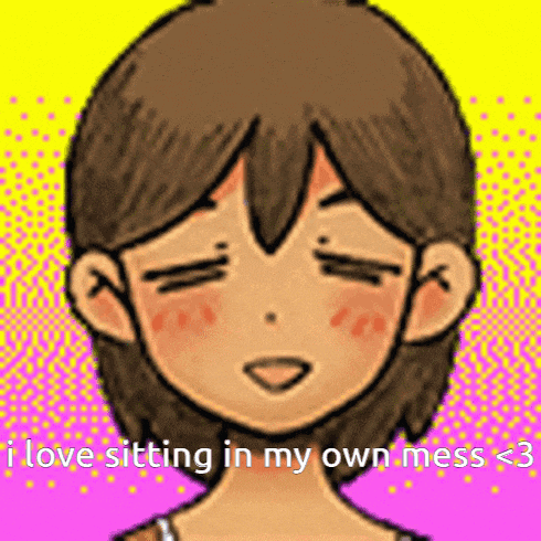 a cartoon girl is sitting in her own mess with her eyes closed .