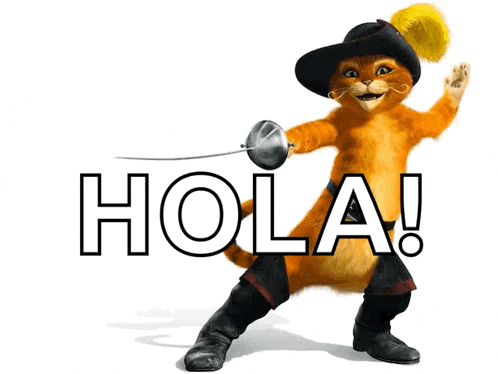 a cartoon cat is holding a sword in front of the words hola