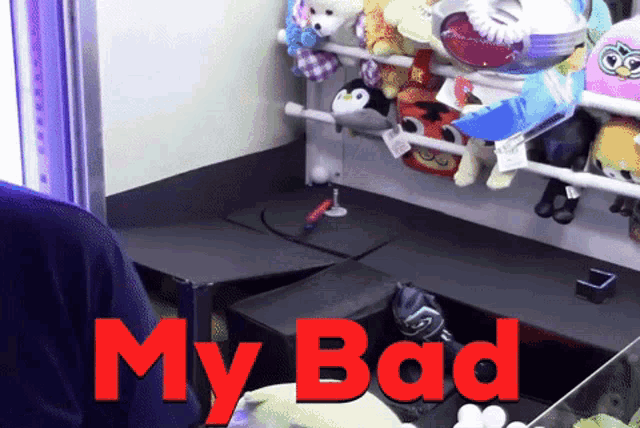 a display of stuffed animals and the words my bad
