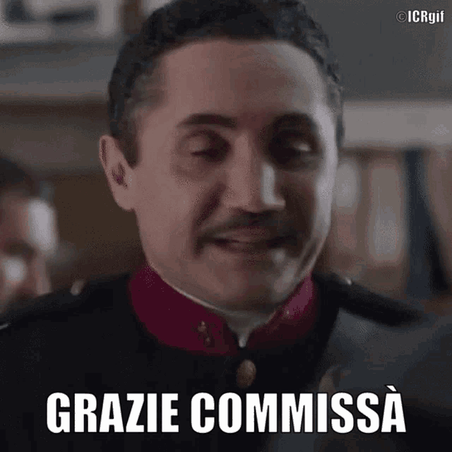 a man in a military uniform is making a funny face and says grazie commissa .