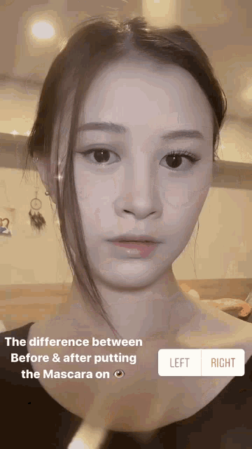 a woman is showing the difference between before and after putting mascara on her eyes