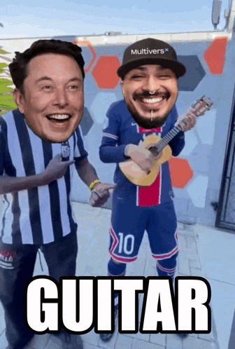 a man holding a guitar next to a man wearing a multivers hat