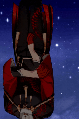 a man in a red and black outfit is laying on his back under a starry night sky