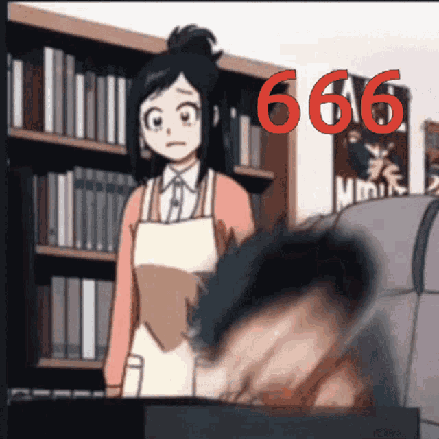 a woman in an apron is standing in front of a bookshelf with the number 666 written on it