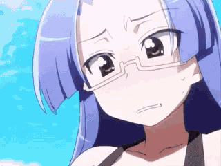 a cartoon girl with blue hair and glasses is making a funny face