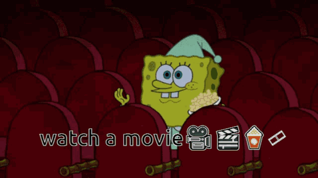 a cartoon of spongebob sitting in a movie theater eating popcorn