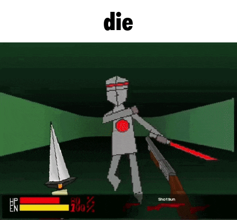 a cartoon character is holding a gun and a sword in a video game and the word die is on the bottom .