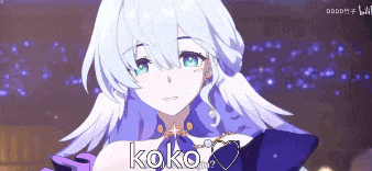 a girl with white hair and wings is wearing a purple dress and the word koko is on the bottom