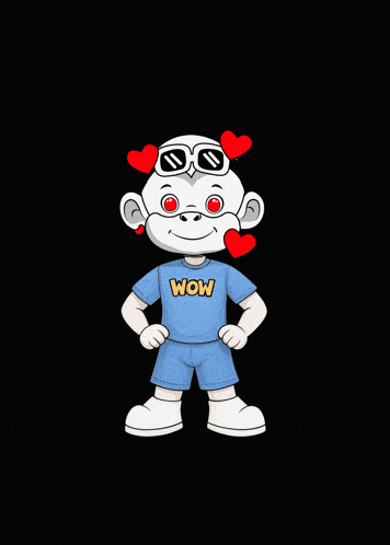 a cartoon monkey wearing sunglasses and a blue wow shirt