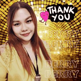 a woman is standing in front of a disco ball and says thank you berry berry berry
