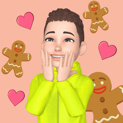 a man in a yellow jacket is surrounded by gingerbread men and pink hearts