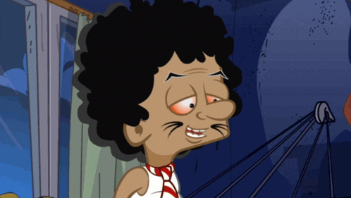 a cartoon character with curly hair and a red tie looks tired