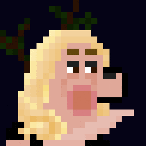 a pixel art drawing of a woman with blonde hair and brown eyes